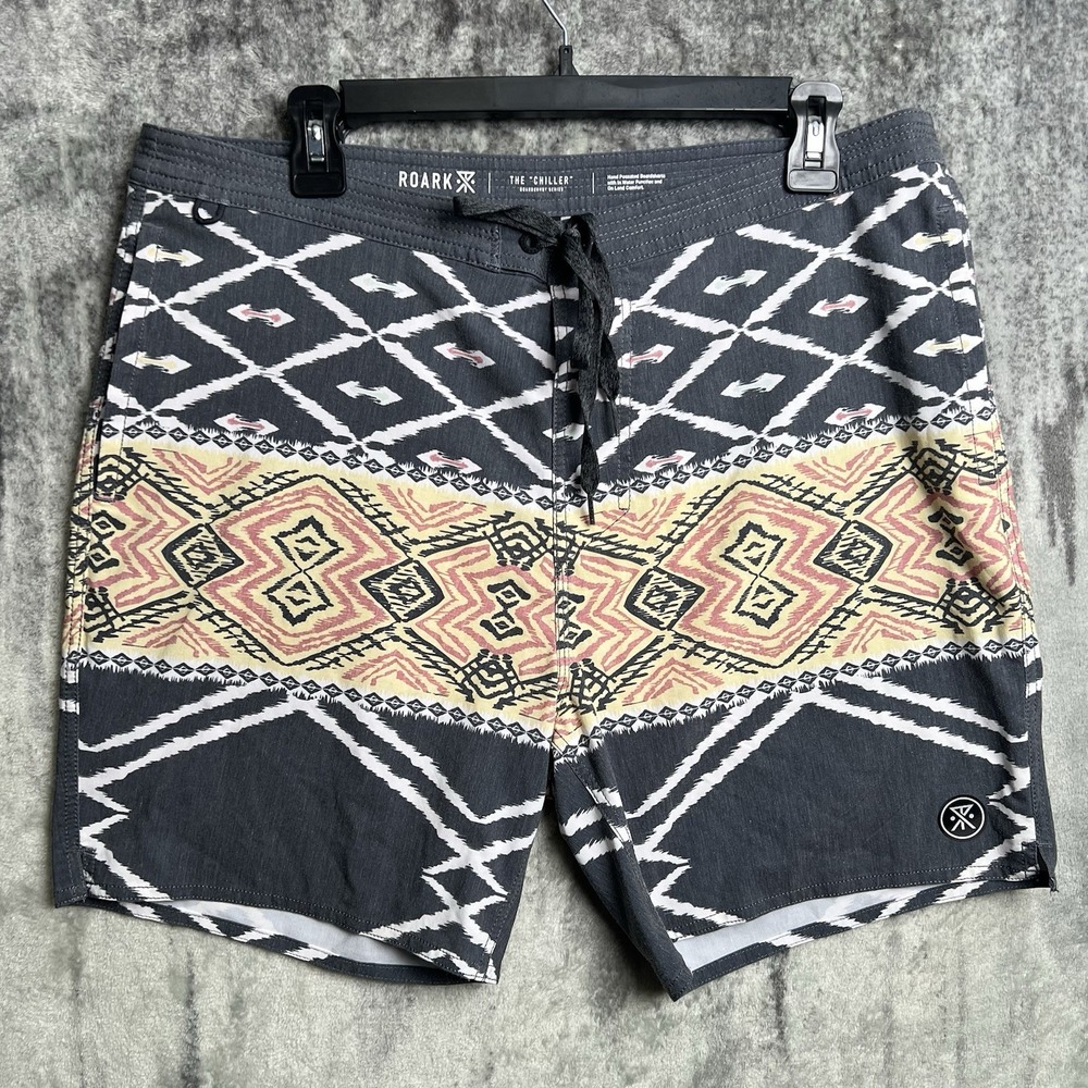 Roark The Chiller Boardshort Series Men's 34 Gray Gold AOP Tribal Print Shorts
